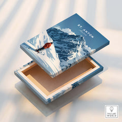 St. Anton Ski Print featuring a skier on a beautifully designed box with mountain scenery.