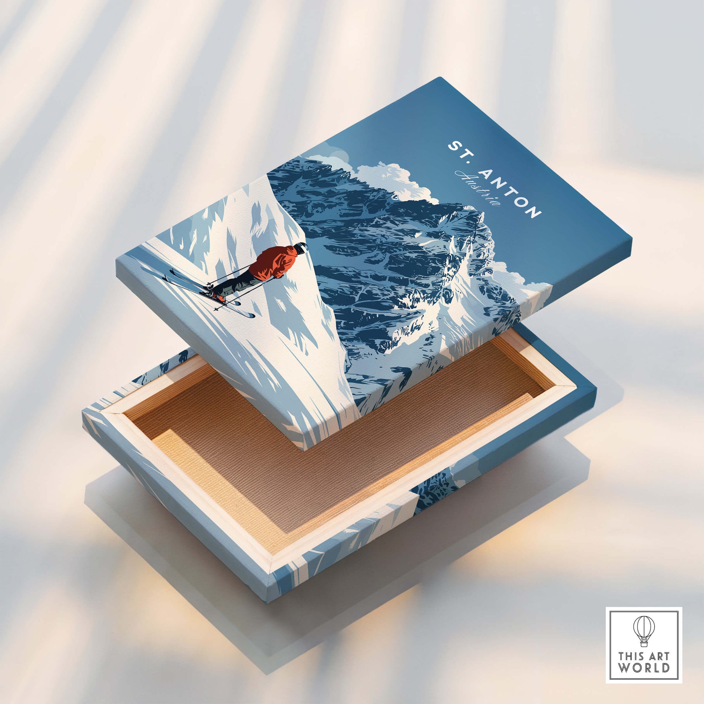 St. Anton Ski Print featuring a skier on a beautifully designed box with mountain scenery.