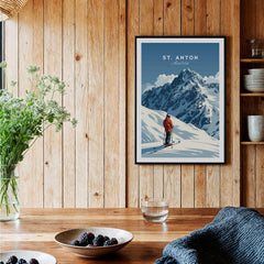 St. Anton Ski Print showcasing a skier on a snowy mountain, perfect wall art for ski enthusiasts and nature lovers.