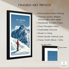 St. Anton Ski Print framed art featuring a skier against a mountain backdrop, perfect for ski enthusiasts and home decor.