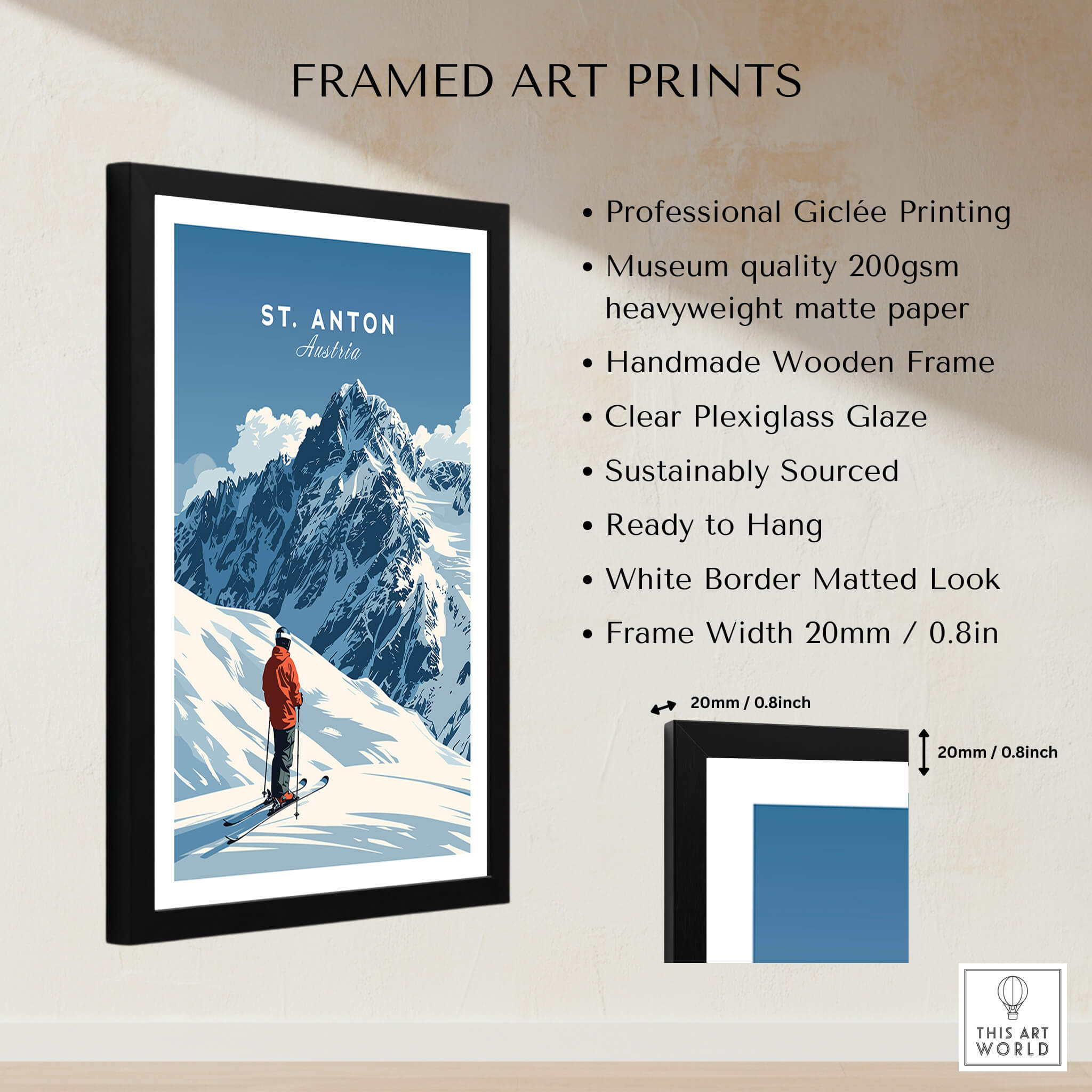 St. Anton Ski Print framed art featuring a skier against a mountain backdrop, perfect for ski enthusiasts and home decor.