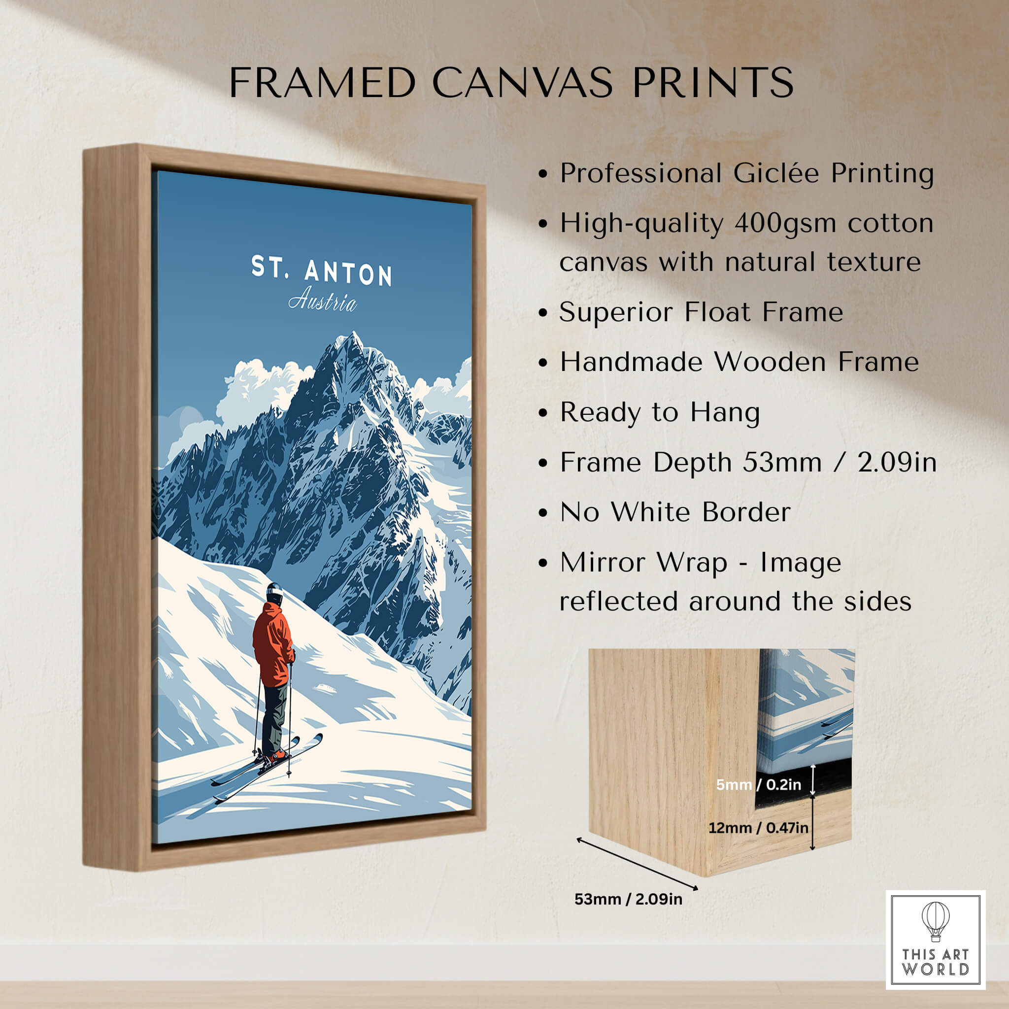 St. Anton Ski Print framed canvas showcasing professional Giclée printing and vibrant ski mountain artwork.