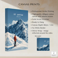 St. Anton Ski Print showcasing a skier against majestic mountains, perfect for ski enthusiasts and interior decor.