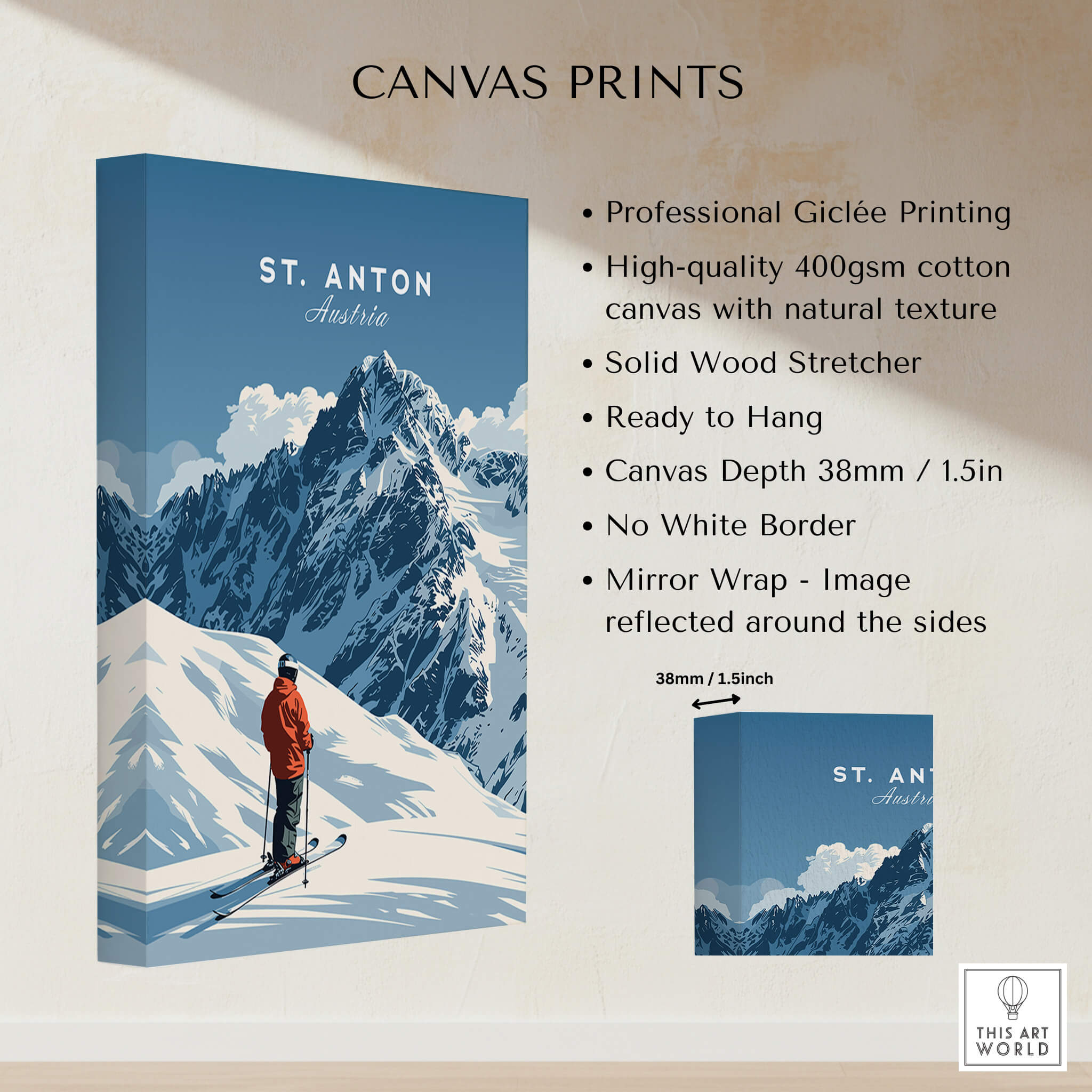 St. Anton Ski Print showcasing a skier against majestic mountains, perfect for ski enthusiasts and interior decor.