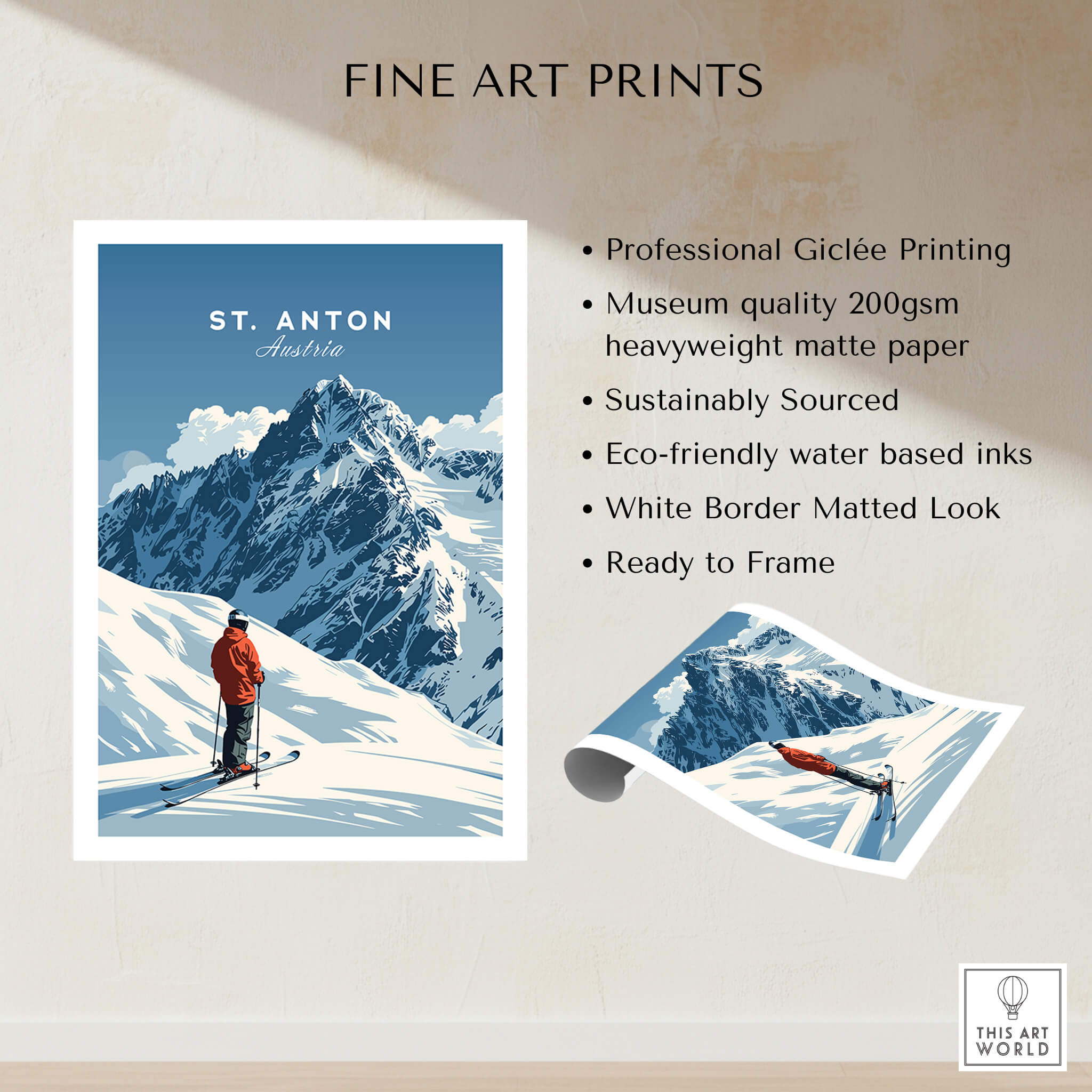 St. Anton Ski Print featuring a skier against picturesque mountains in a vibrant artistic design.