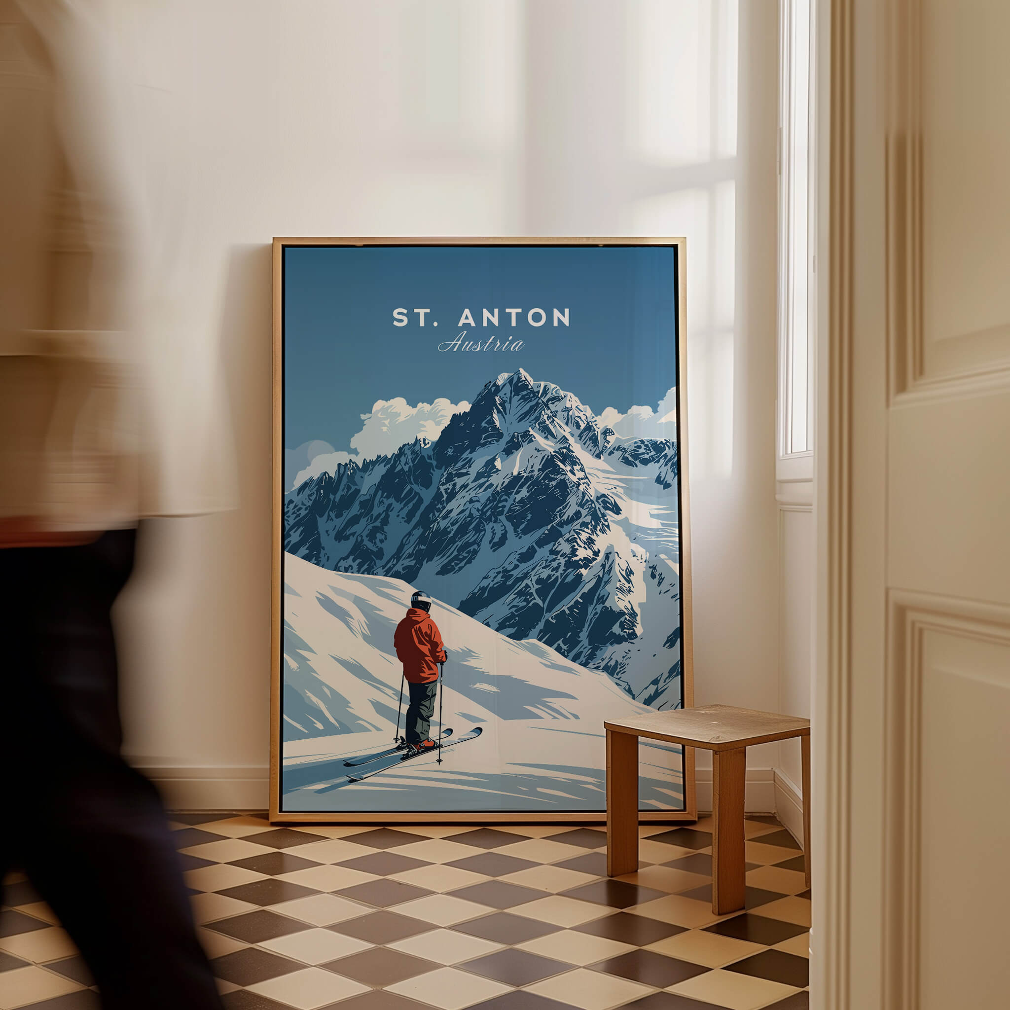 St. Anton Ski Print showcasing a skier against mountain backdrop in stylish home interior, perfect for ski lovers.