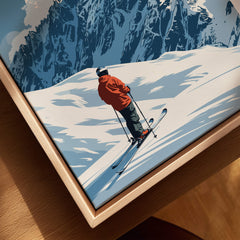 St. Anton Ski Print featuring a skier on fresh snow with mountain peak backdrop, perfect for winter enthusiasts.