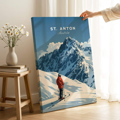St. Anton Ski Print featuring a skier against a stunning mountain backdrop in Austria, perfect for ski enthusiasts.