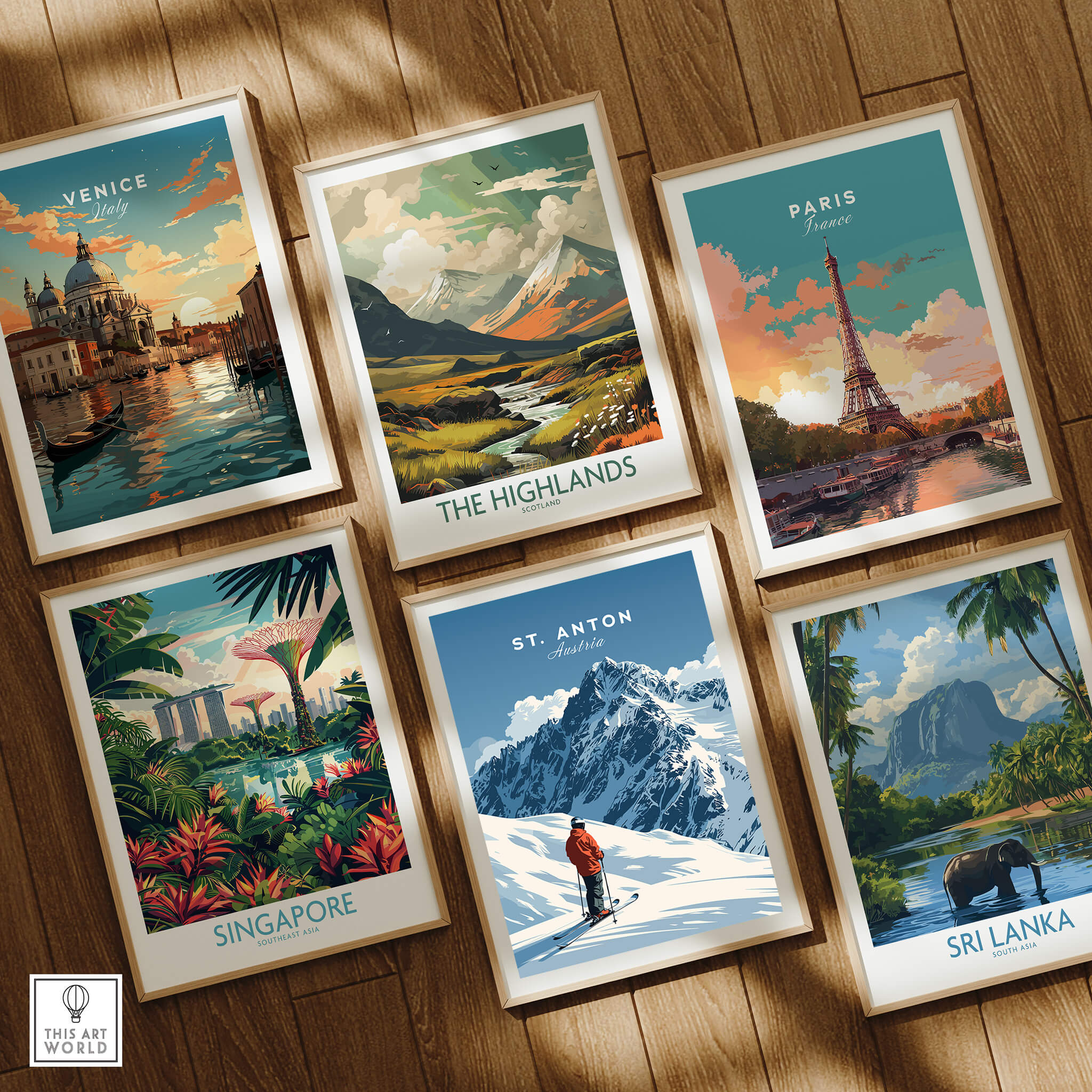 St. Anton Ski Print among various travel-themed wall art prints, showcasing vibrant landscapes and iconic landmarks.
