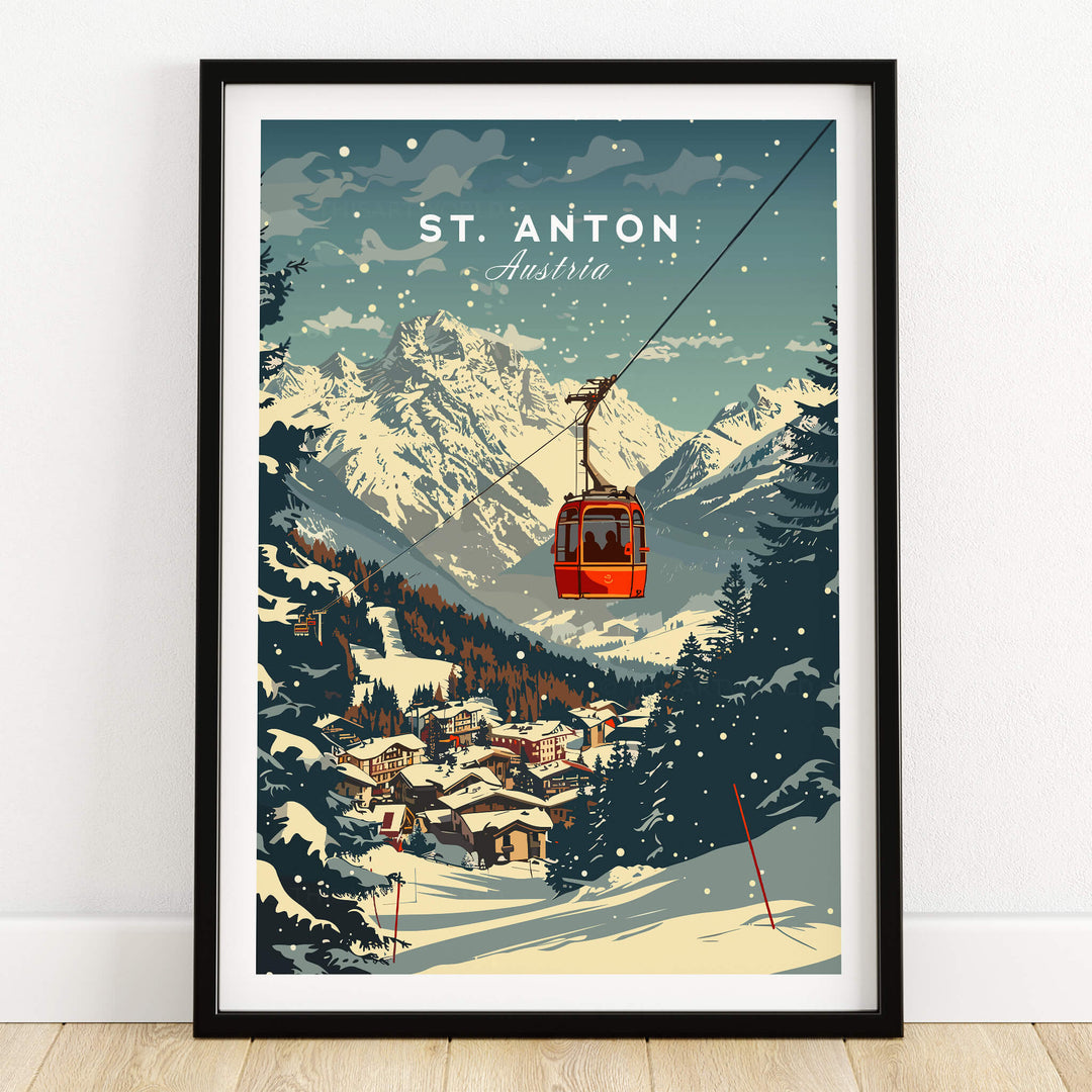 St. Anton Wall Art showcasing a stunning winter landscape with a ski gondola and vibrant mountain scenery.