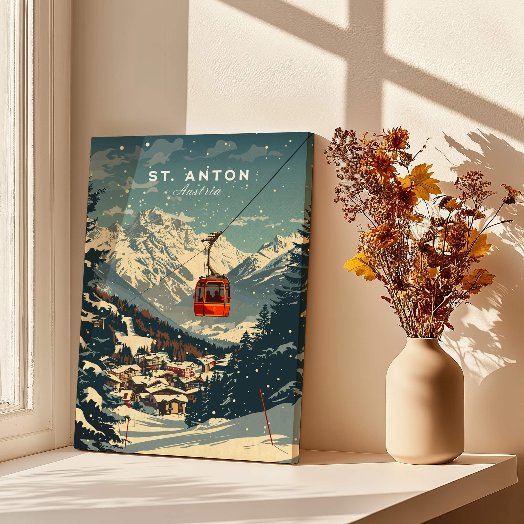 St. Anton Wall Art featuring a ski gondola amidst snowy mountains and charming villages in Austria.