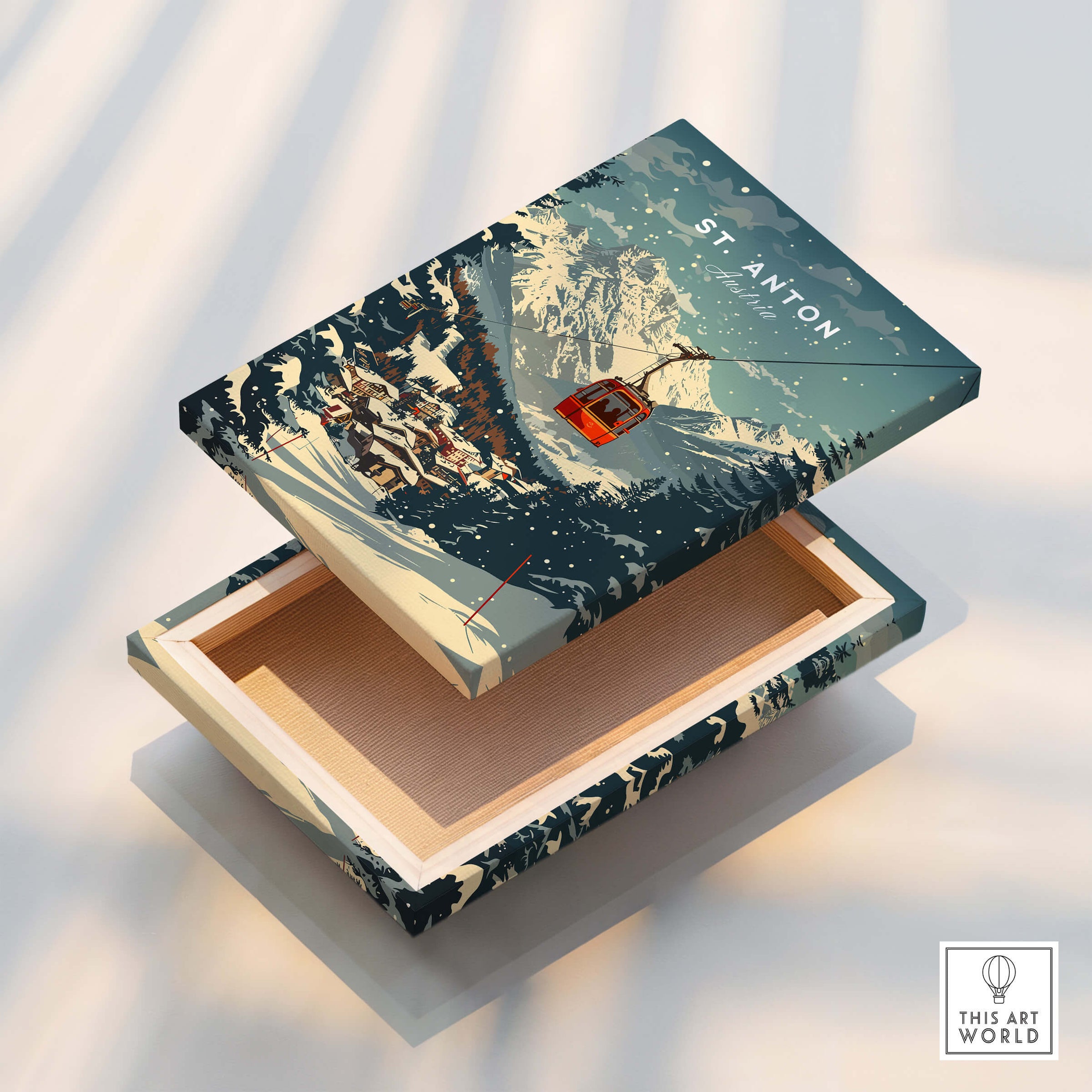 St. Anton Wall Art elegantly displayed on a wooden box, capturing the charm of St. Anton's landscapes.