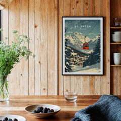 St. Anton Wall Art featuring a ski gondola and snowy landscapes, perfect for home decor.