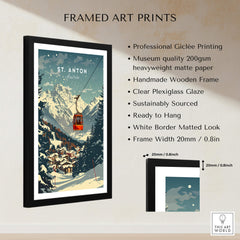 Framed St. Anton Wall Art featuring a ski gondola in a snowy landscape, highlighting vibrant colors and elegant design.
