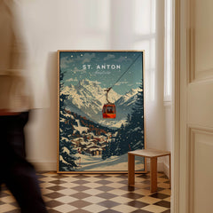 St. Anton Wall Art showing a red gondola lift against snowy mountains, perfect for home decor.