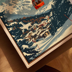 St. Anton Wall Art featuring a vibrant ski scene with a gondola, snowy landscapes, and charming village details.