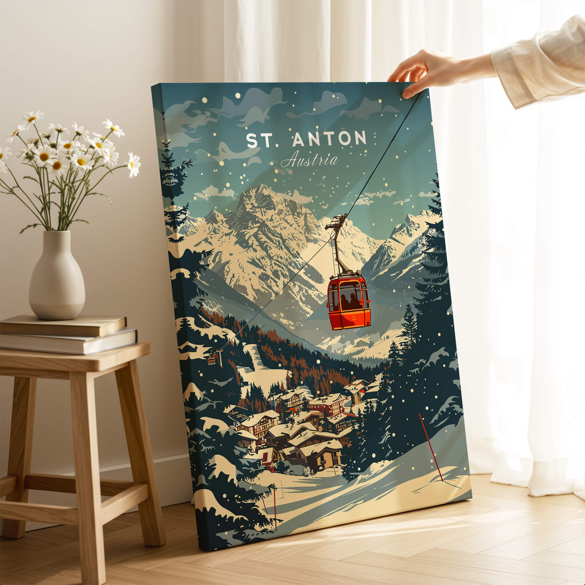 St. Anton Wall Art featuring a cable car and snow-covered mountains, perfect for home decor.