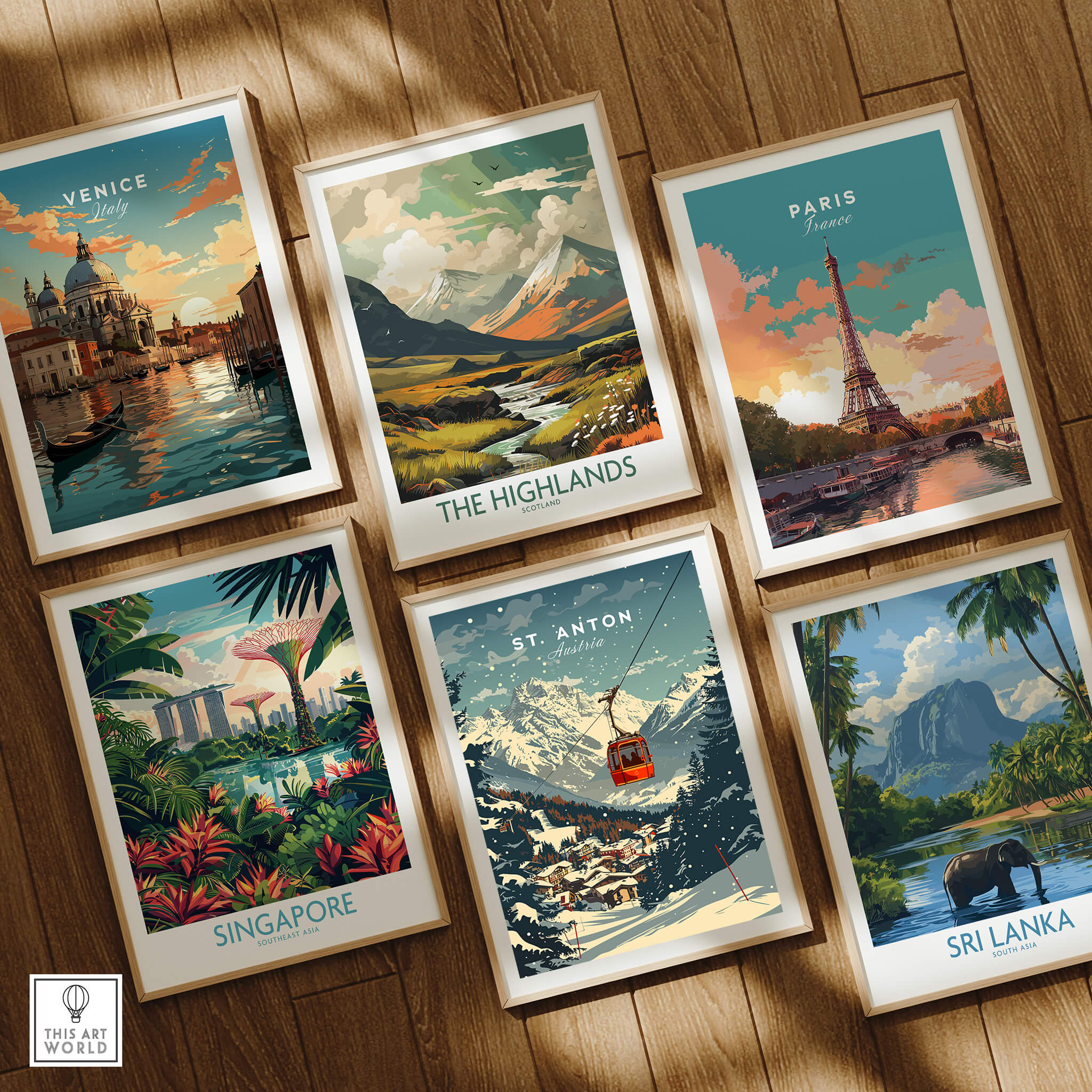 St. Anton Wall Art among various vintage travel posters including Venice and Paris, showcasing vibrant colors and landscapes.