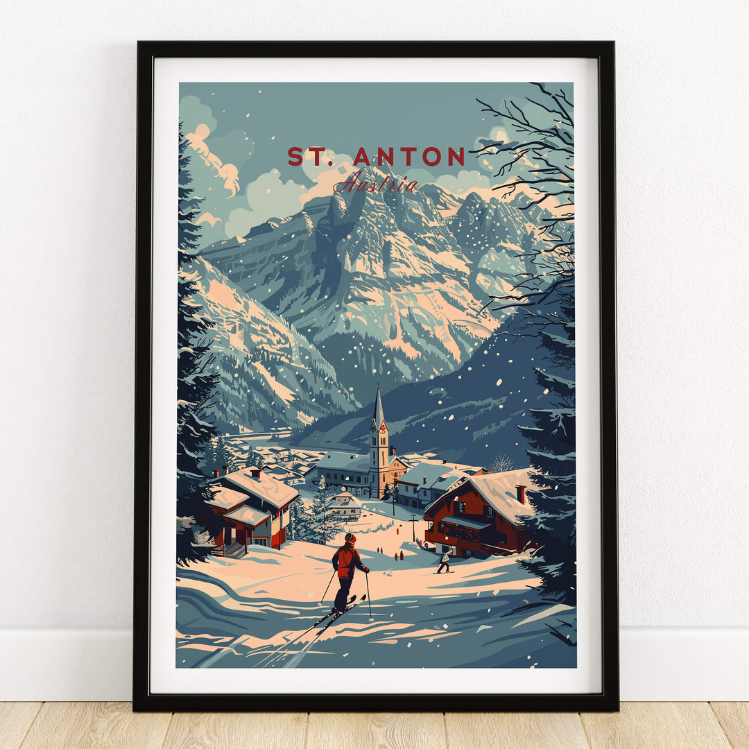 St. Anton Print Austria featuring a skier in the stunning Austrian Alps landscape.
