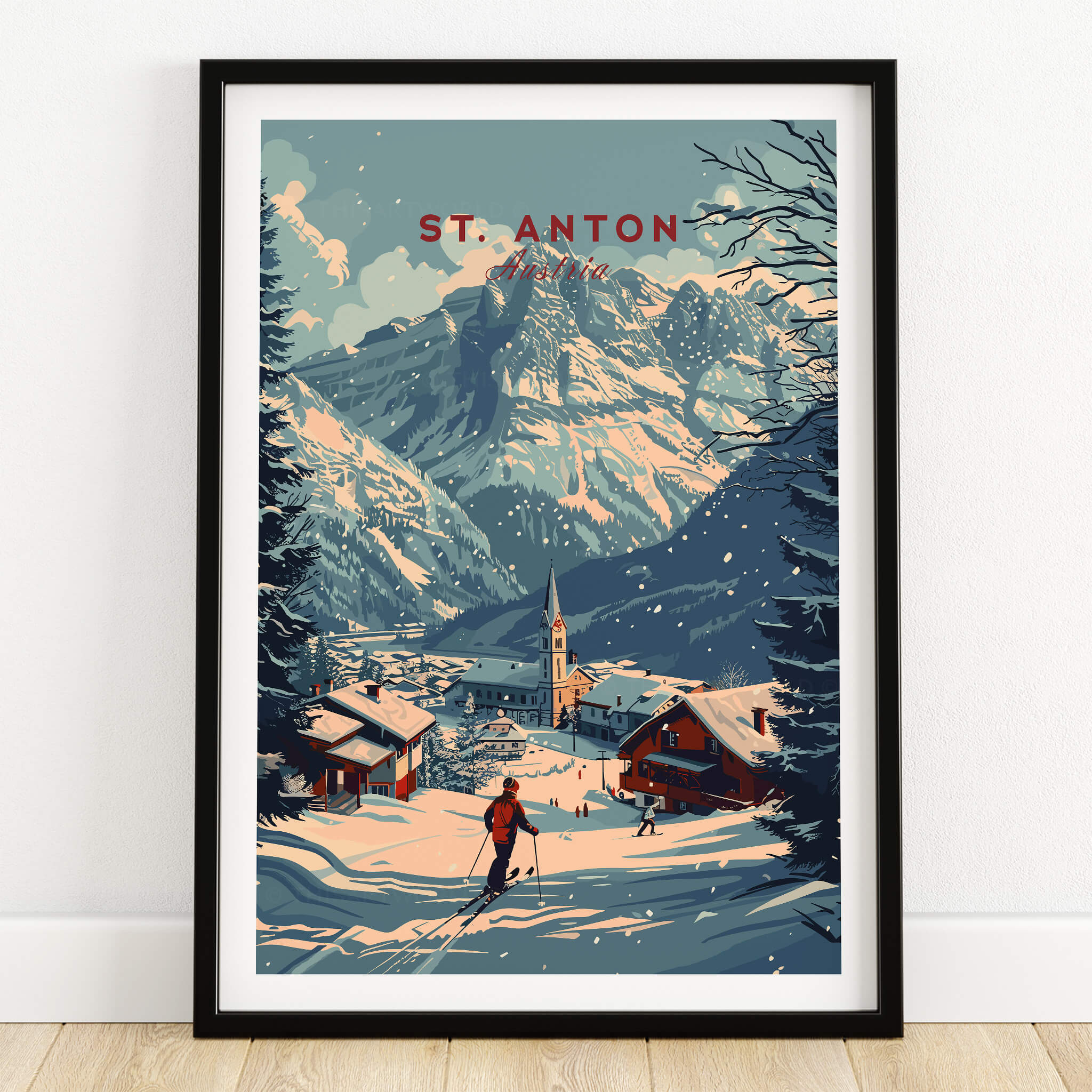 St. Anton Print Austria featuring a skier in the stunning Austrian Alps landscape.