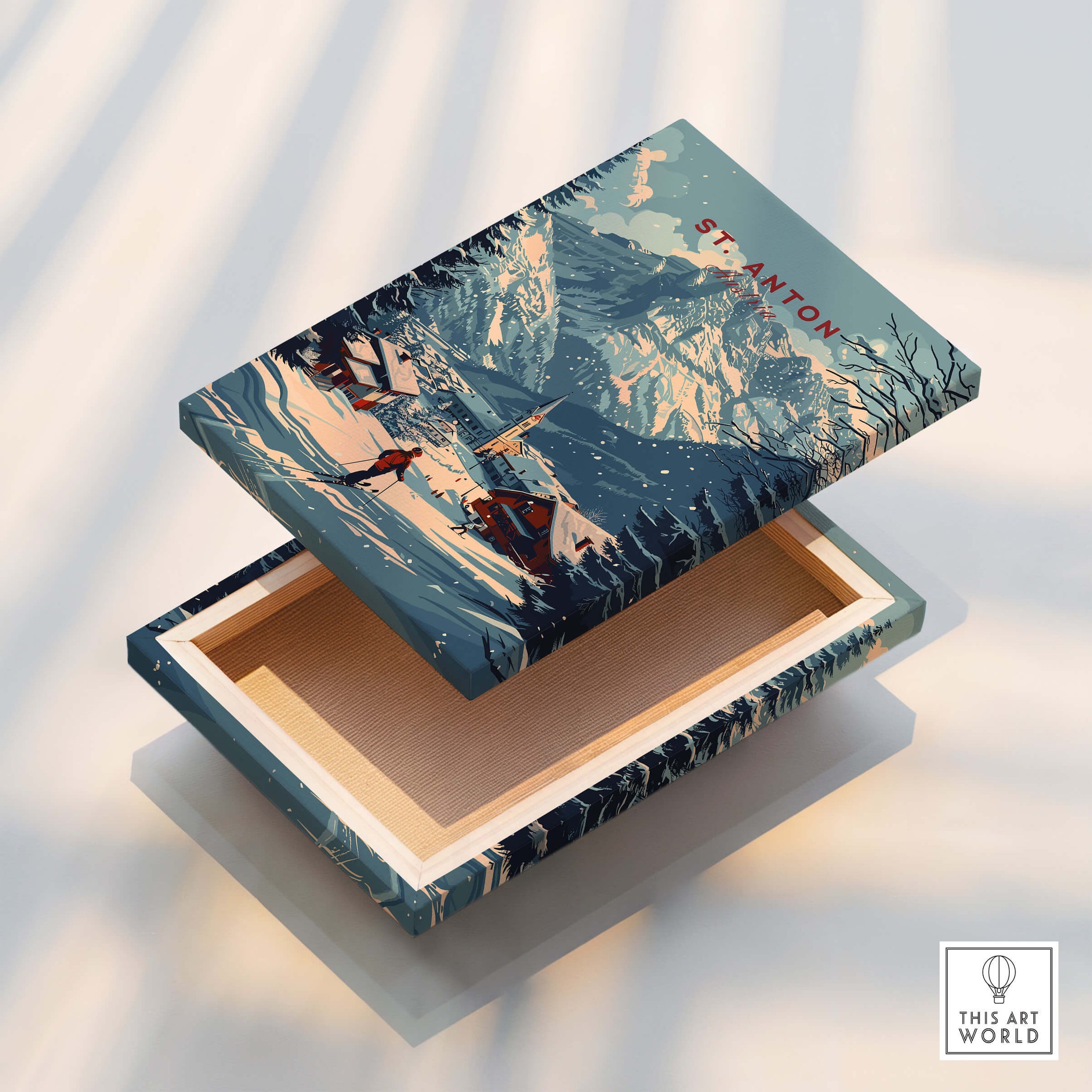 St. Anton Print Austria ski-themed decorative box showcasing winter mountain scenery and traditional village.