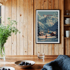 St. Anton Print Austria showcasing the stunning Austrian Alps in a cozy interior setting.