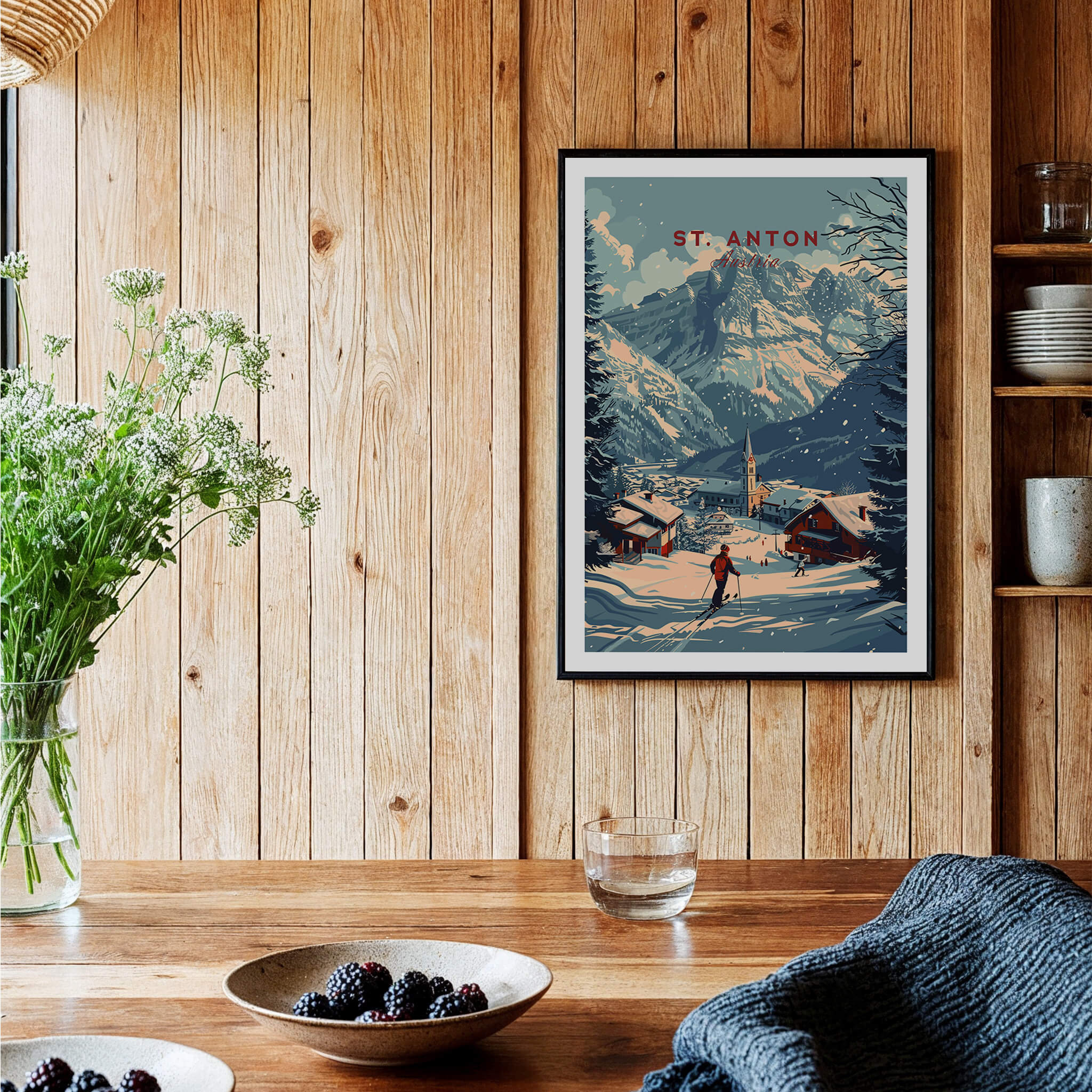 St. Anton Print Austria showcasing the stunning Austrian Alps in a cozy interior setting.