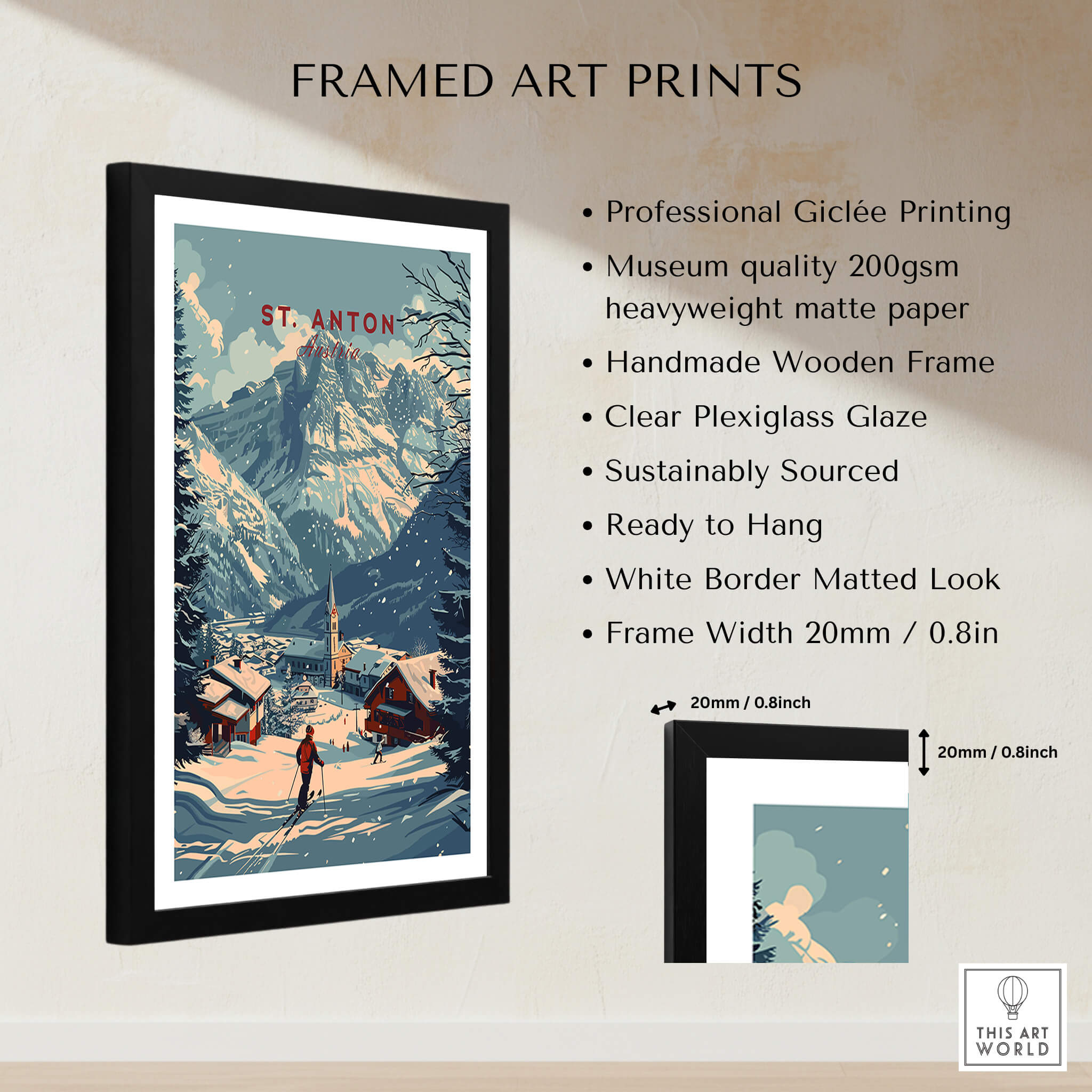 St. Anton Print Austria framed art print showcasing the beauty of Austrian Alps with a handmade wooden frame.