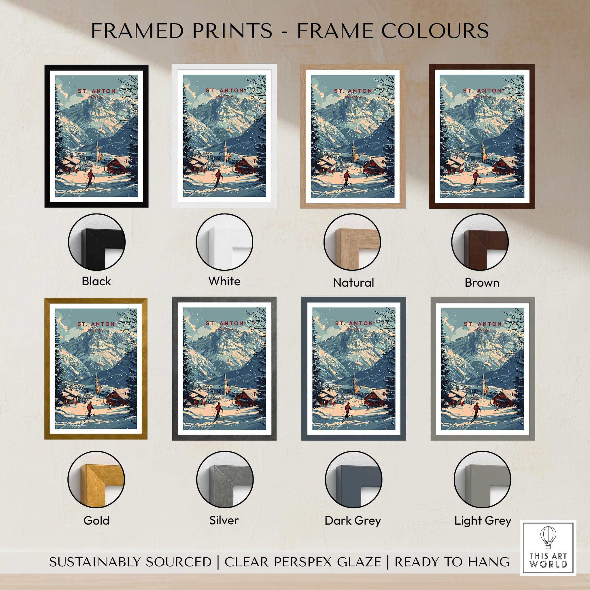 Framed prints of St. Anton Print Austria in various frame colors including black, white, natural, and brown.