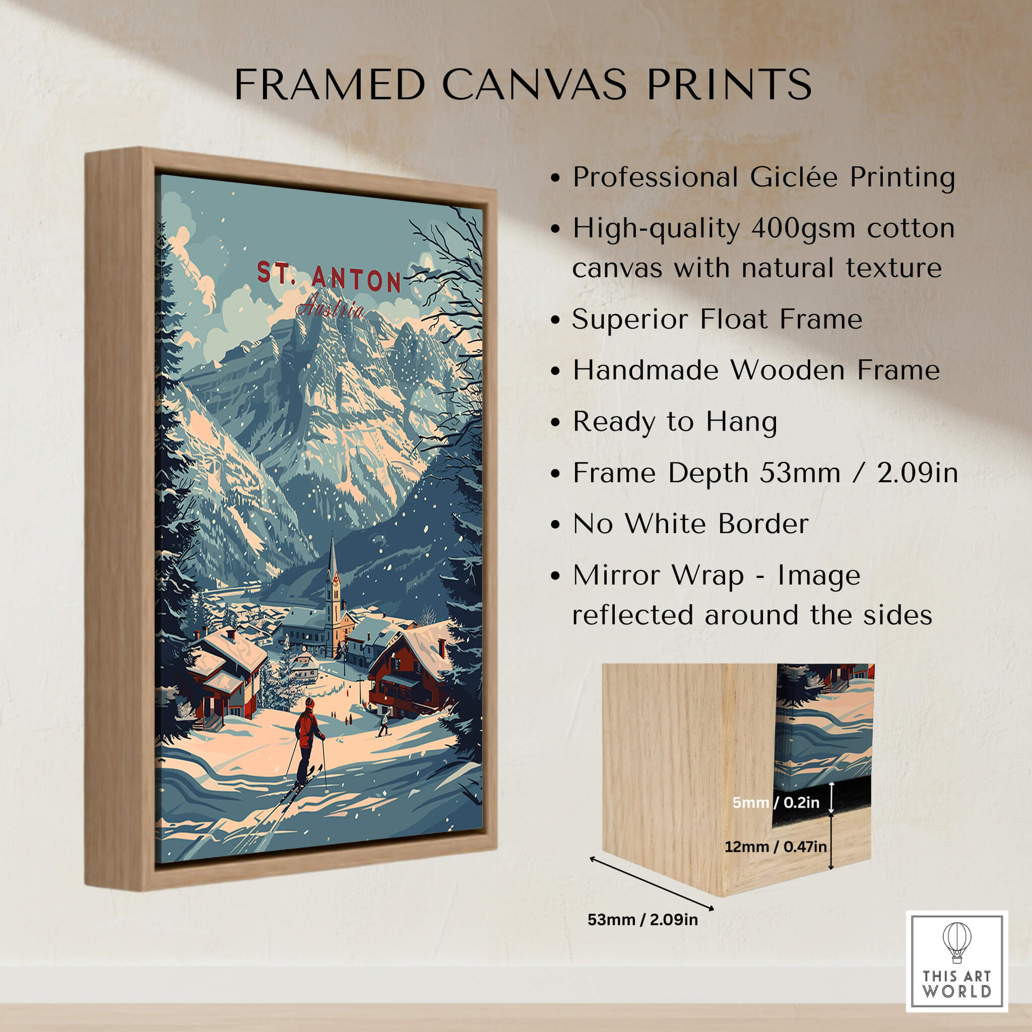 Framed canvas print featuring St. Anton Print Austria showcasing the stunning Austrian Alps and ski village.