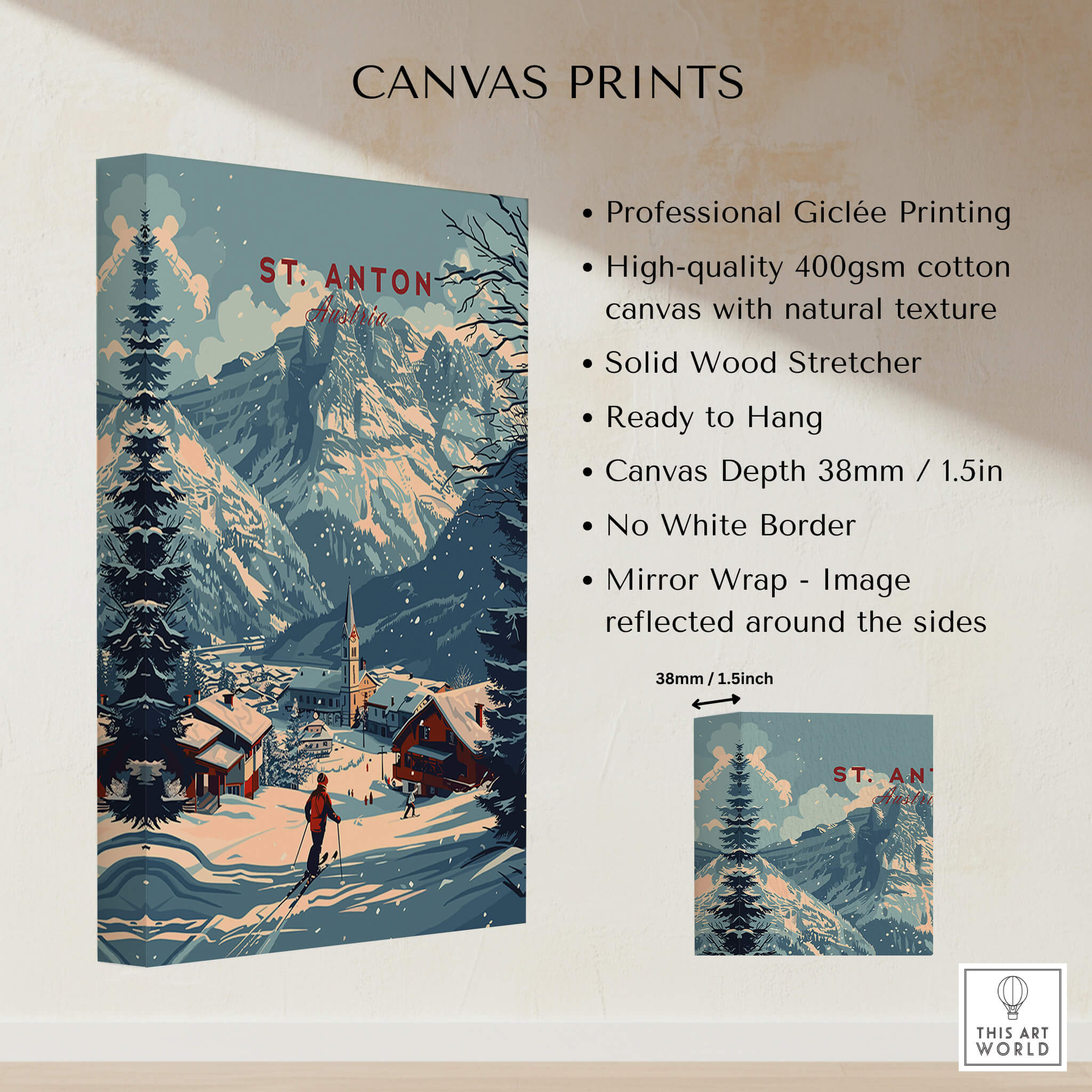 St. Anton Print Austria showcasing stunning alpine scenery and traditional village, perfect for ski lovers and home decoration.