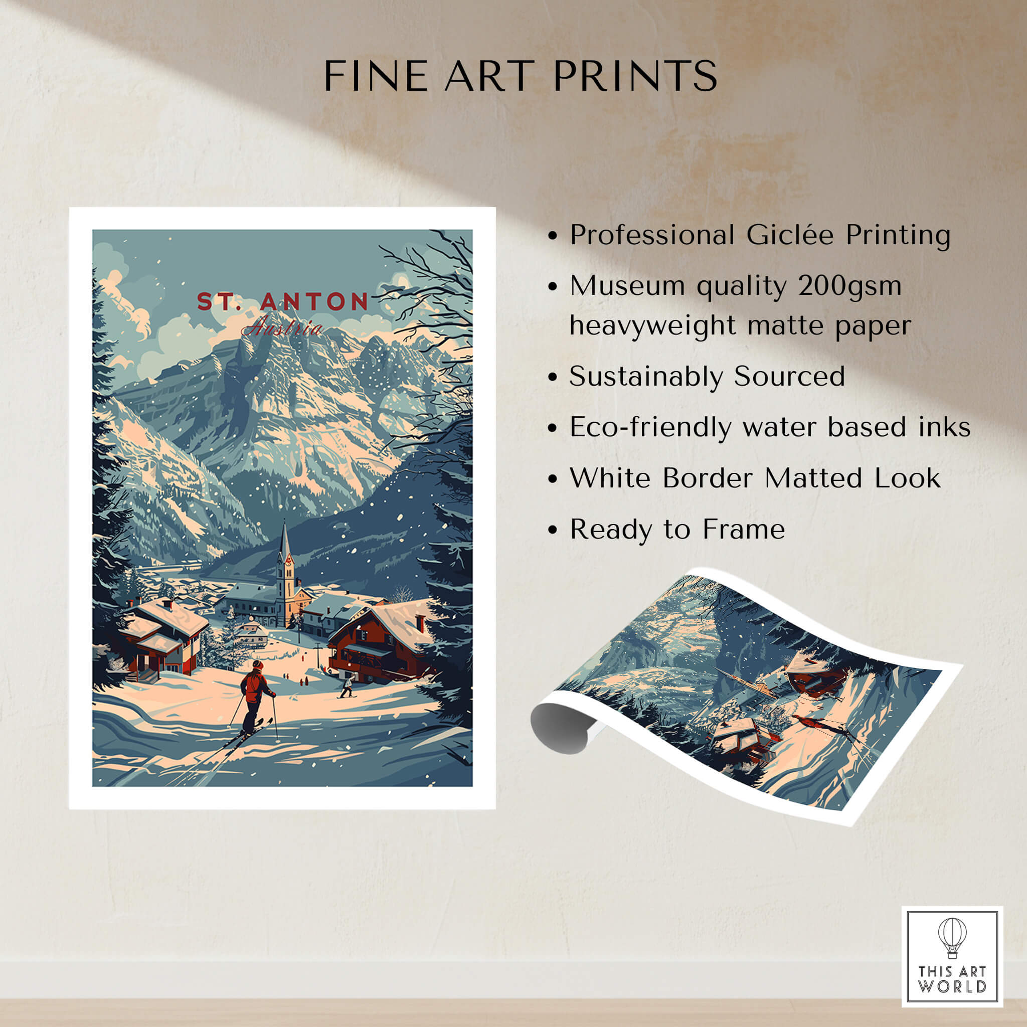 St. Anton Print Austria showcasing the stunning Alps and traditional village in a professional Giclée print.