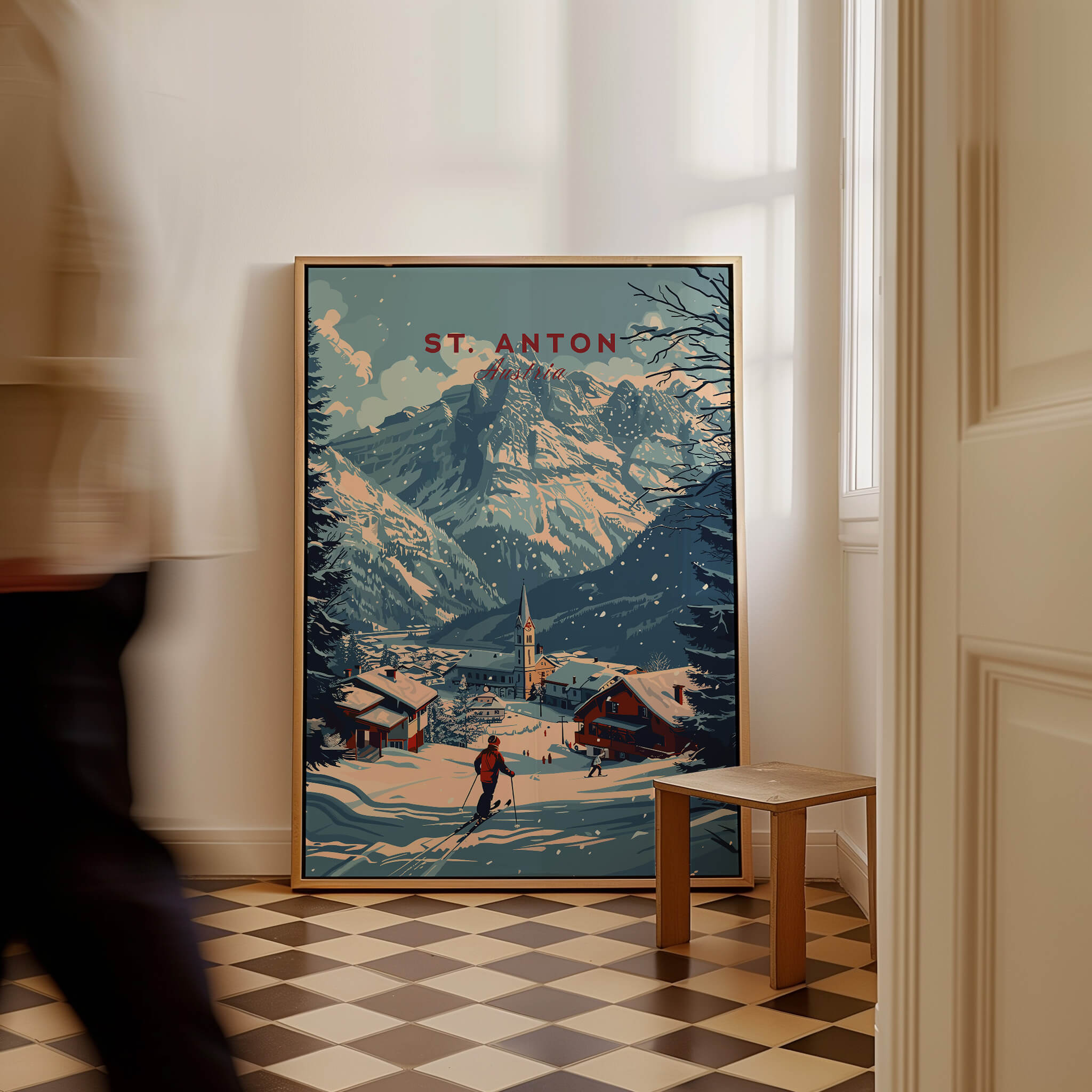 St. Anton Print Austria showcasing snowy mountains and traditional alpine village in a stylish interior setting.