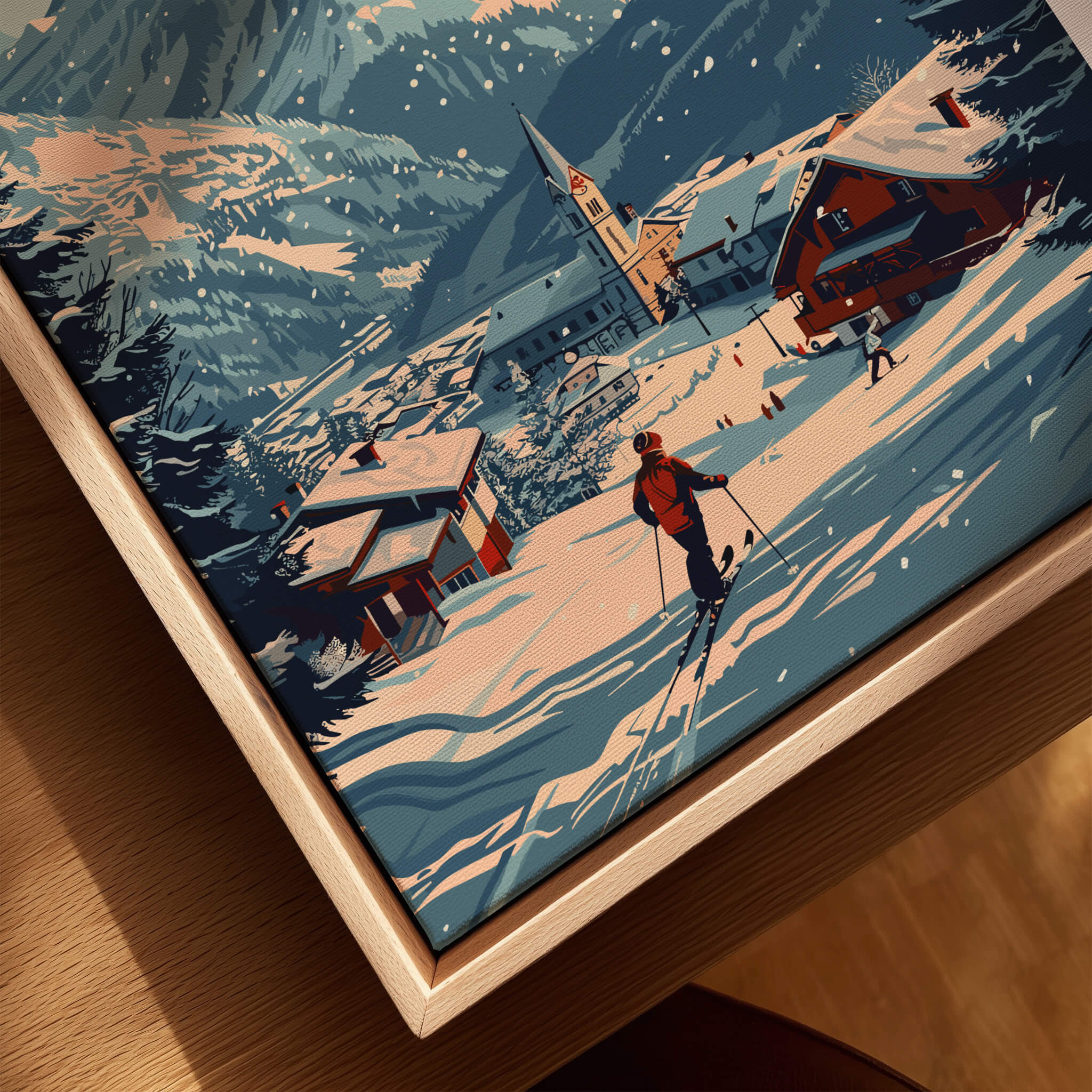 St. Anton Print Austria showcasing a skier with snowy mountains and charming village, perfect for ski lovers.