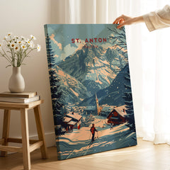 St. Anton Print Austria ski poster showcasing picturesque mountains and traditional village scene.