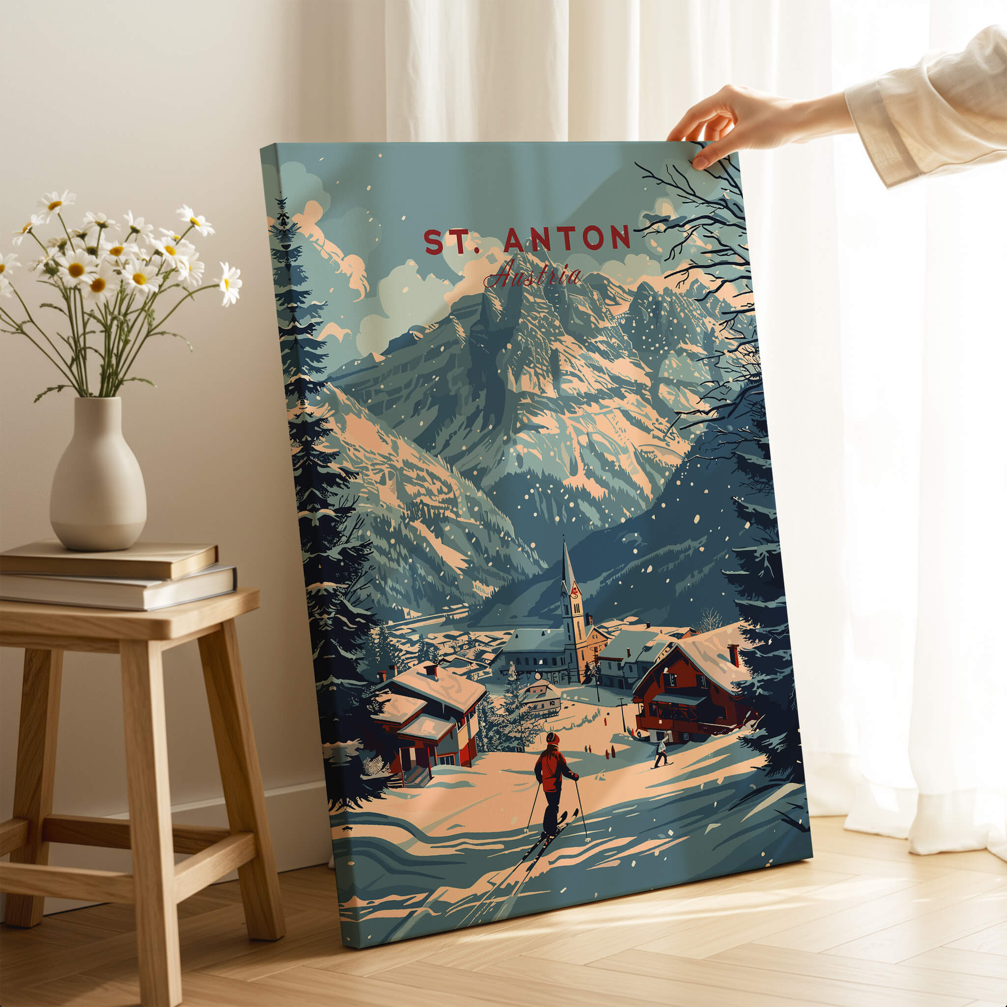 St. Anton Print Austria ski poster showcasing picturesque mountains and traditional village scene.
