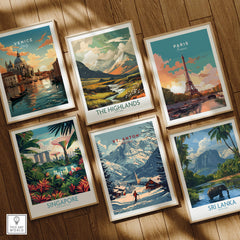 St. Anton Print Austria among various travel posters featuring Venice, Paris, Singapore, The Highlands, and Sri Lanka.