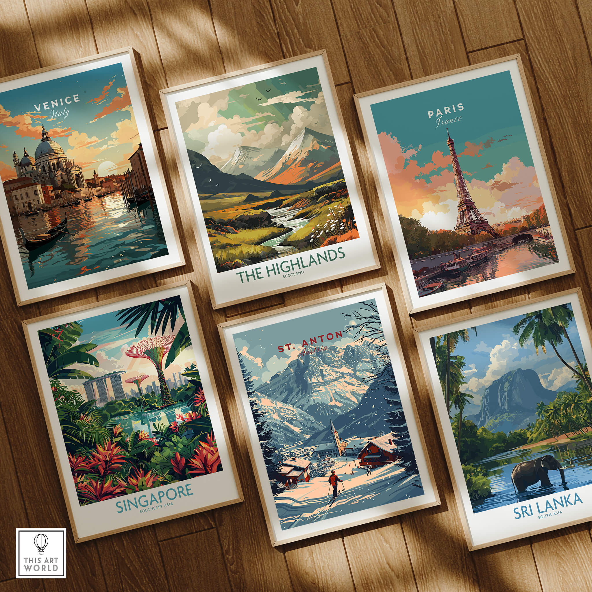 St. Anton Print Austria among various travel posters featuring Venice, Paris, Singapore, The Highlands, and Sri Lanka.
