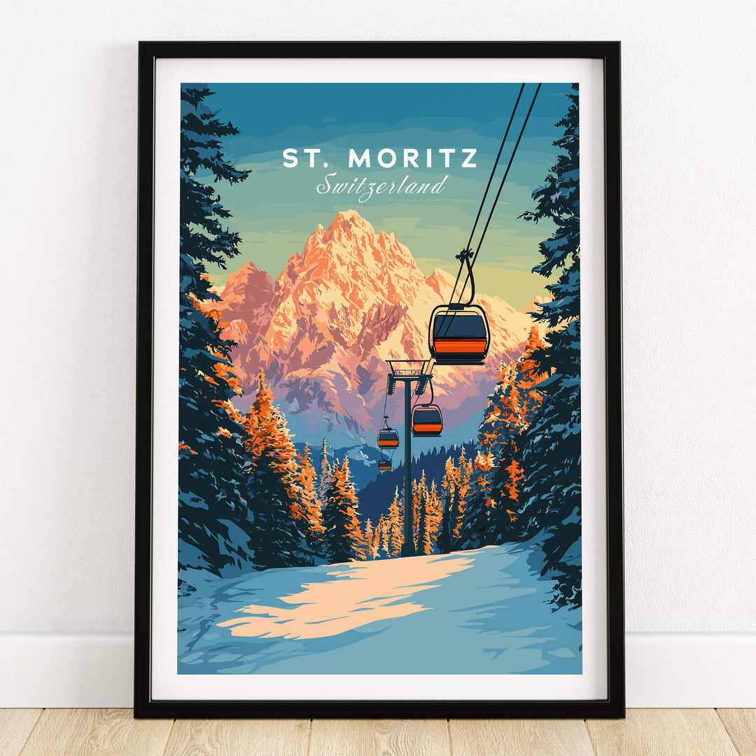 St. Moritz Travel Poster - Switzerland featuring stunning mountains and ski gondolas in a beautiful winter landscape.