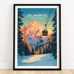 St. Moritz Travel Poster - Switzerland featuring stunning mountains and ski gondolas in a beautiful winter landscape.