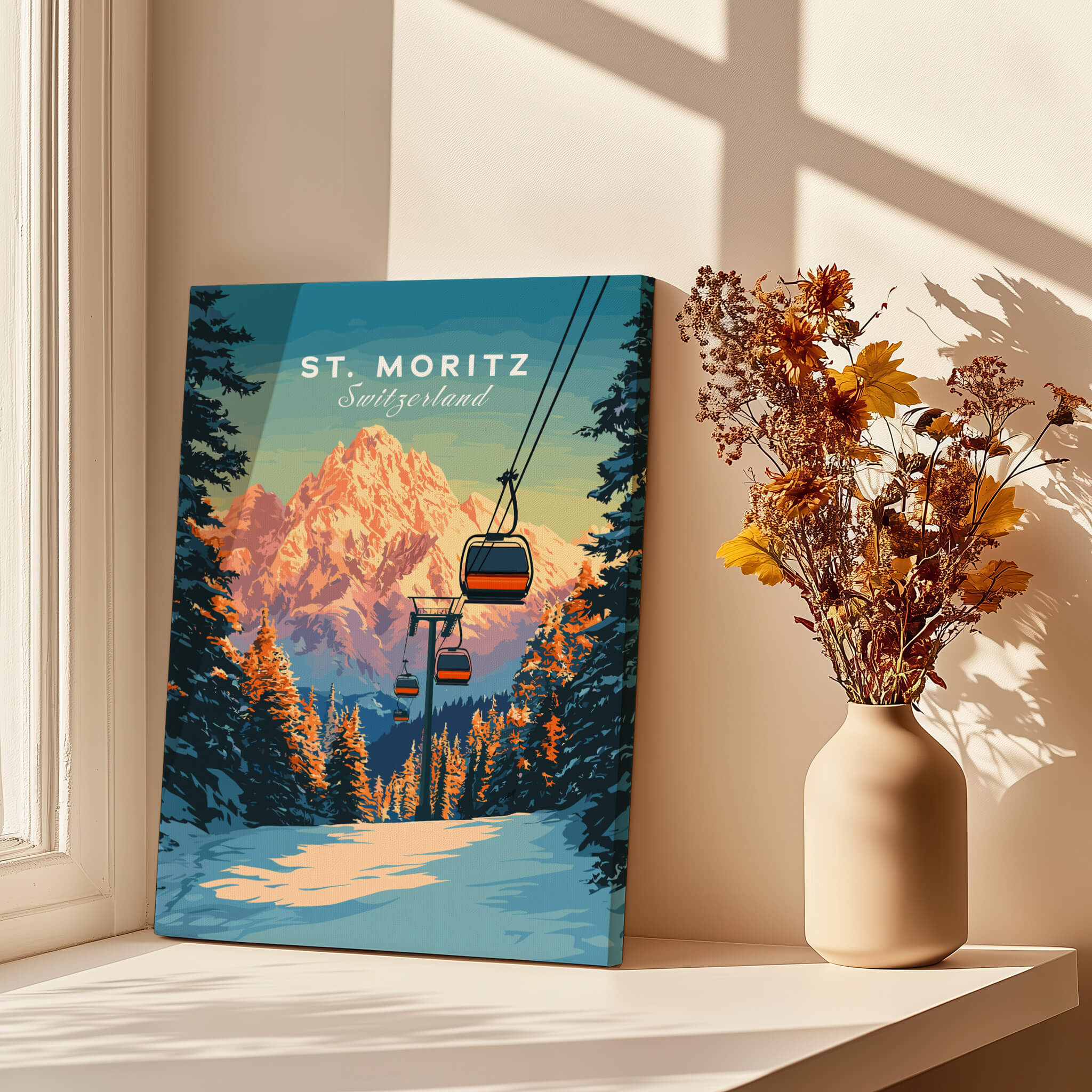 St. Moritz Travel Poster - Switzerland showcasing ski gondolas and breathtaking mountain scenery.