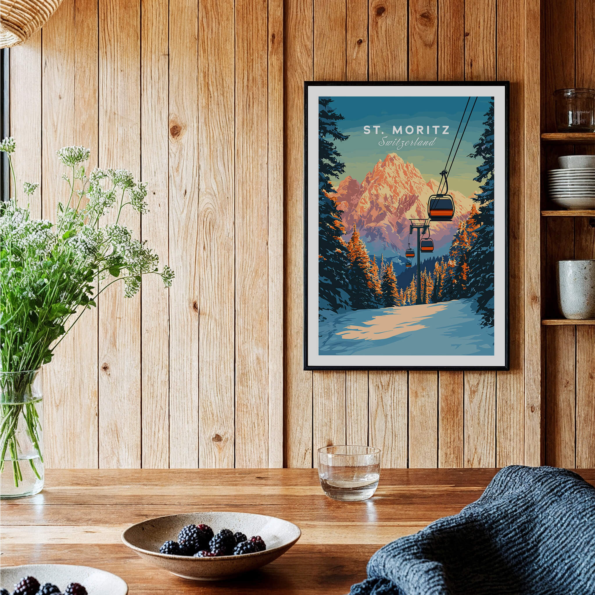 St. Moritz Travel Poster - Switzerland showcasing a stunning mountain and ski lift in a cozy interior setting.