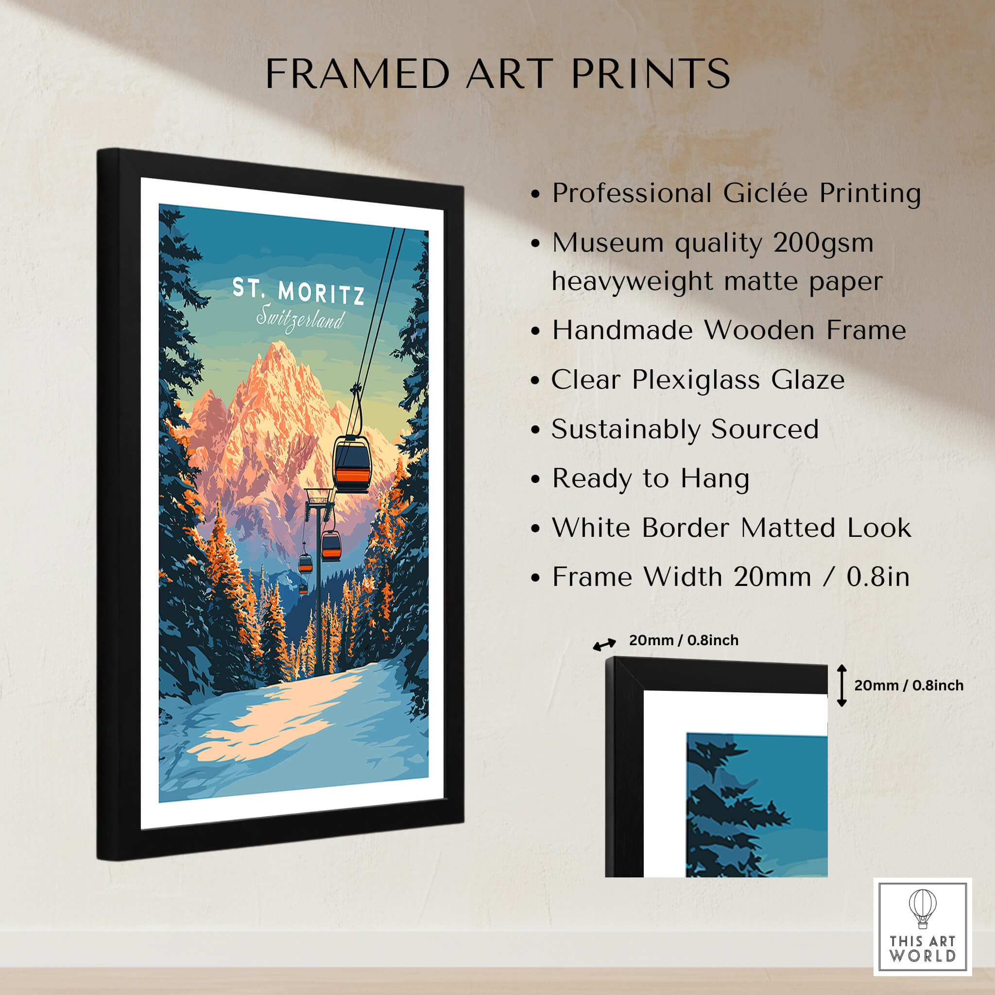 St. Moritz Travel Poster - Switzerland framed art print featuring stunning mountain scenery.