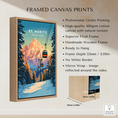 St. Moritz Travel Poster - Switzerland Framed Canvas Print showcasing Giclée printing and mountain scenery.