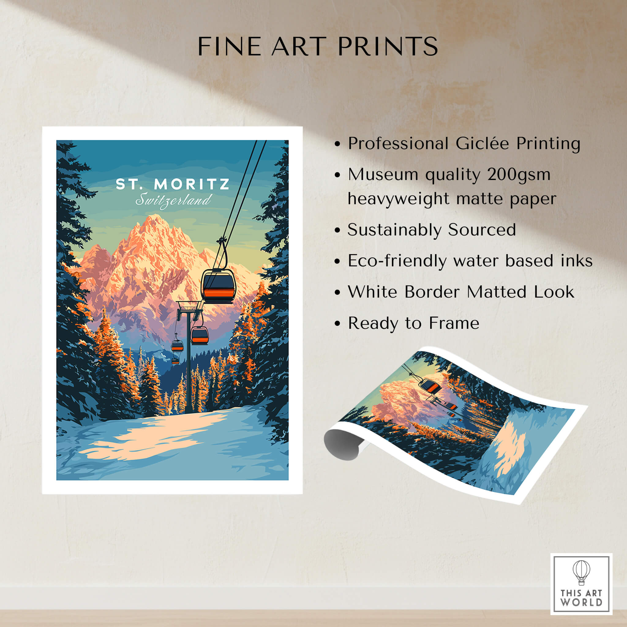 St. Moritz Travel Poster - Switzerland showcasing a scenic mountain landscape with a ski lift.