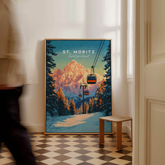 St. Moritz Travel Poster - Switzerland featuring stunning mountains and ski lift in a cozy interior setting.