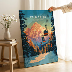 St. Moritz Travel Poster -  Switzerland featuring a scenic landscape with ski lifts and mountains.
