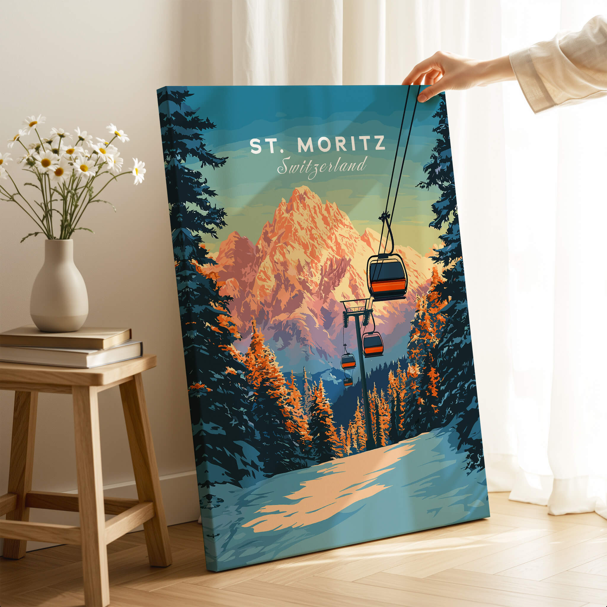 St. Moritz Travel Poster -  Switzerland featuring a scenic landscape with ski lifts and mountains.