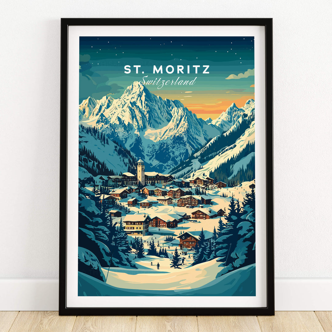 St Moritz Ski Poster - Switzerland showcasing a picturesque snowy landscape with mountains and a village.