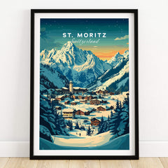 St Moritz Ski Poster - Switzerland showcasing a picturesque snowy landscape with mountains and a village.